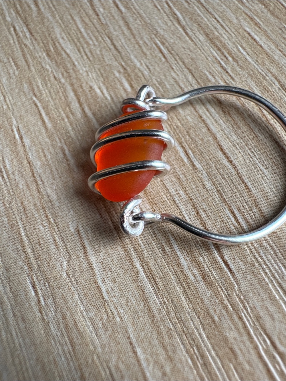 Artisan Hand Crafted Silver Plated Wire Wrapped Orange Sea Glass Ring - Size 6.5